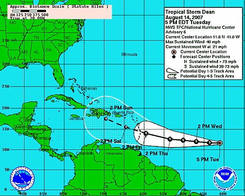 Tropical Cyclone Track and Watches/Warnings image example for Tropical Storm Dean