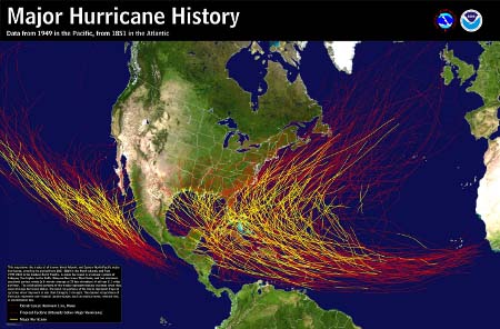 [Major Hurricane History Map for Atlantic and Eastern Pacific]