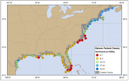[Map of return period in years for hurricanes passing within 50 nautical miles]